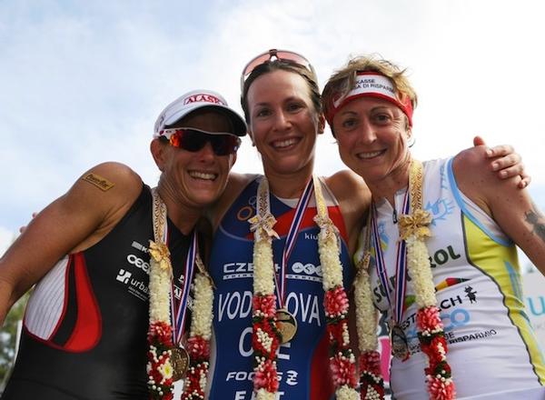 Laguna Phuket Triathlon women's Champion Radka Vodickova of the Czech Republic (centre) with second-placed Belinda Granger of Australia (left) and third placed Edith Niedferfringer of Italy.